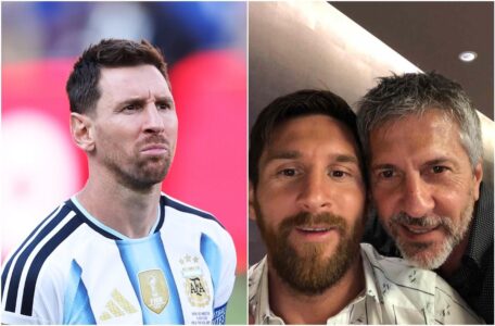 صورة ليونيل ميسي ووالده خورخي ميسي، مع شعار الاتحاد الأرجنتيني لكرة القدم.